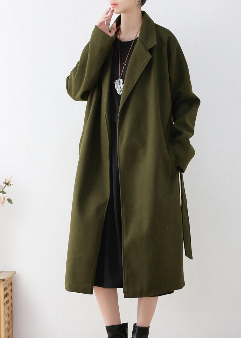 Vogue Army Green Naggad Tie Midja Ull Trench Coats Vinter