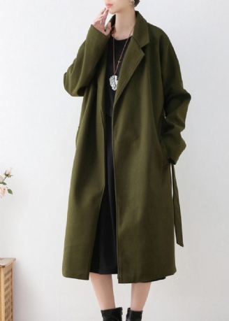 Vogue Army Green Naggad Tie Midja Ull Trench Coats Vinter