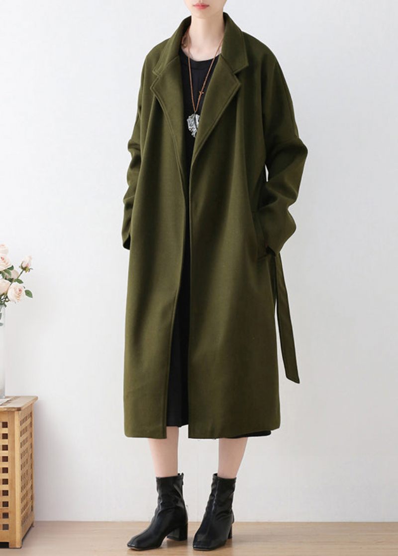 Vogue Army Green Naggad Tie Midja Ull Trench Coats Vinter - Ullrockar för kvinnor