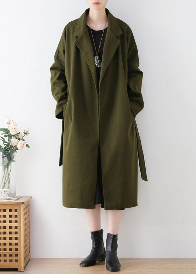 Vogue Army Green Naggad Tie Midja Ull Trench Coats Vinter - Ullrockar för kvinnor