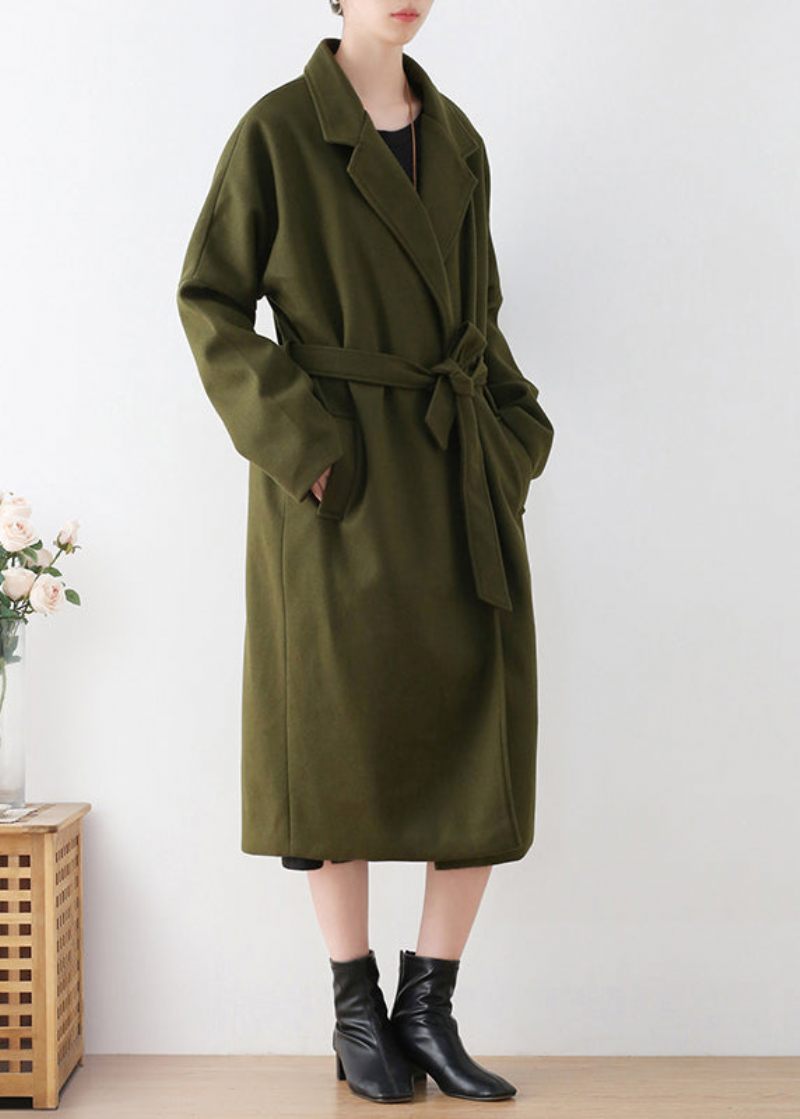 Vogue Army Green Naggad Tie Midja Ull Trench Coats Vinter - Ullrockar för kvinnor