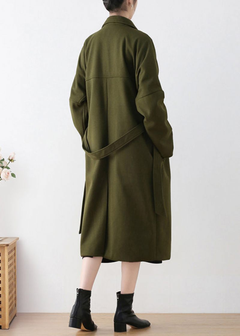 Vogue Army Green Naggad Tie Midja Ull Trench Coats Vinter - Ullrockar för kvinnor