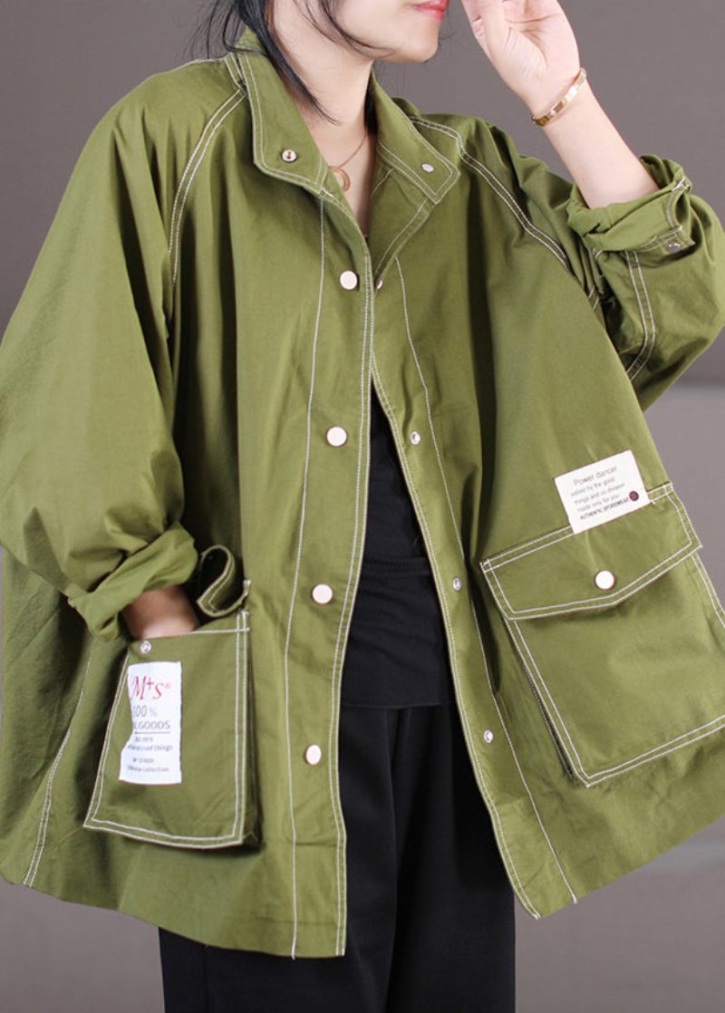 Vogue Army Green Peter Pan Krage Patchwork Button Coats Fall - Armégrön