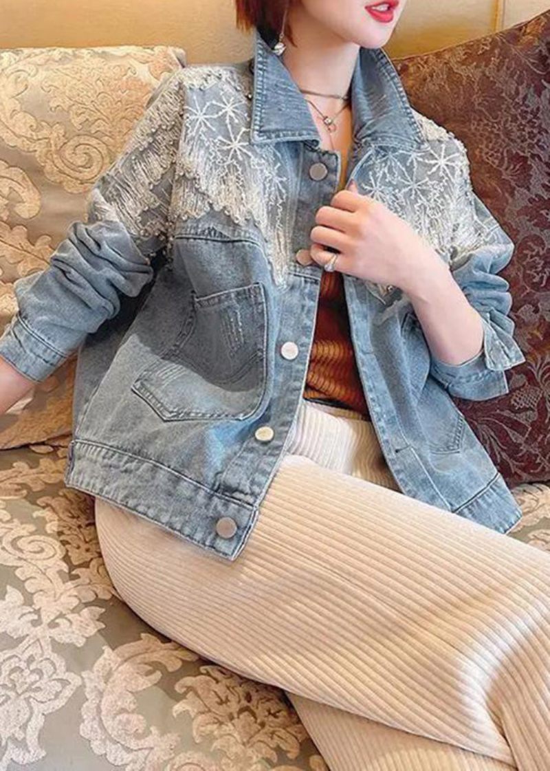 Vogue Blue Peter Pan Krage Tyll Patchwork Paljetter Knapp Denimrockar Höst - Vinterkappor för kvinnor