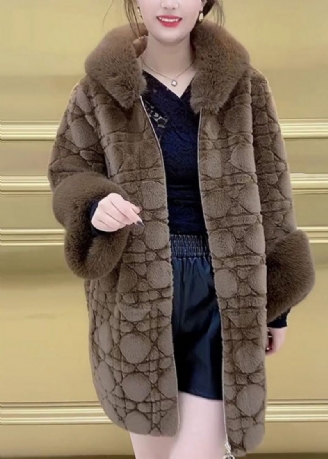 Vogue Brown Pälskrage Dragkedja Mink Velvet Tjock Huvjacka Vinter