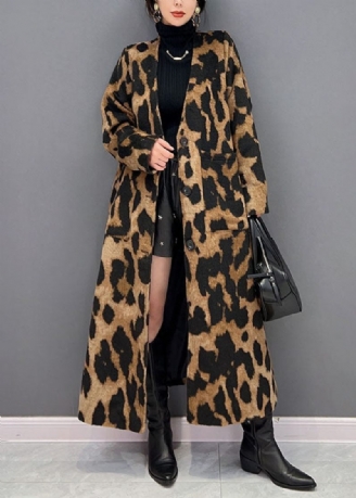 Vogue Choklad V Neck Oversized Leopard Print Ma Hai Mao Lång Kappa Vinter