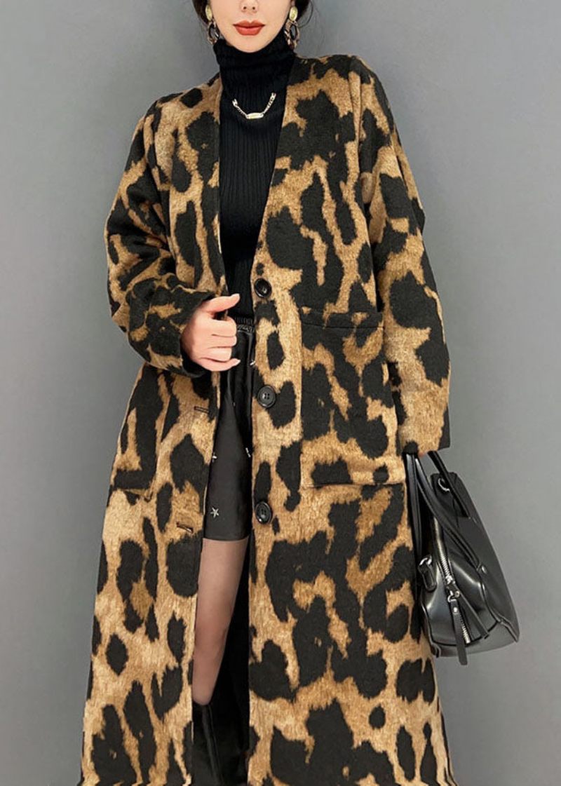 Vogue Choklad V Neck Oversized Leopard Print Ma Hai Mao Lång Kappa Vinter - Vinterkappor för kvinnor