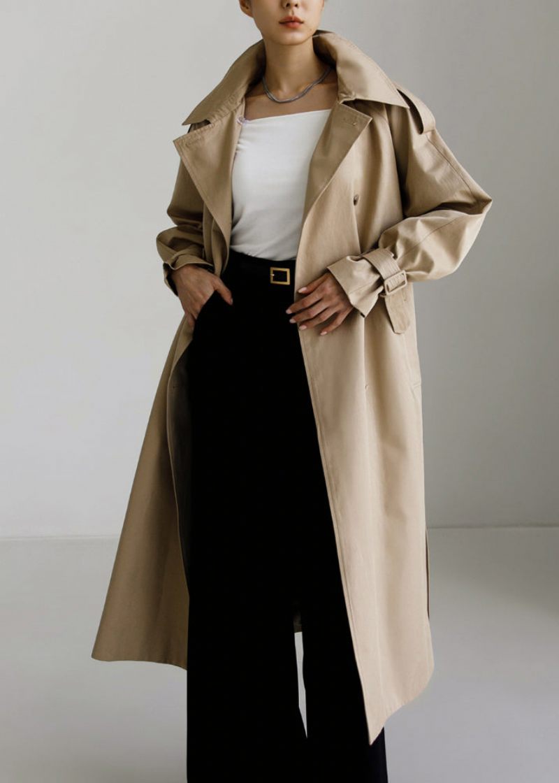 Vogue Khaki Peter Pan Krage Knappfickor Bomull Trench Coats Långärmad