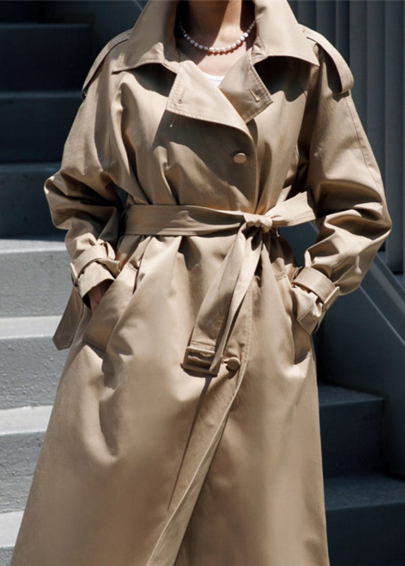 Vogue Khaki Peter Pan Krage Knappfickor Bomull Trench Coats Långärmad - Kaki