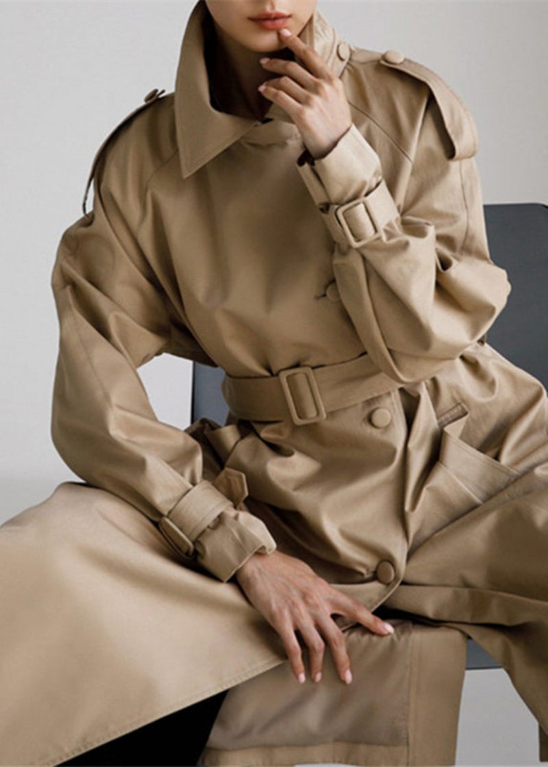 Vogue Khaki Peter Pan Krage Knappfickor Bomull Trench Coats Långärmad - Kaki