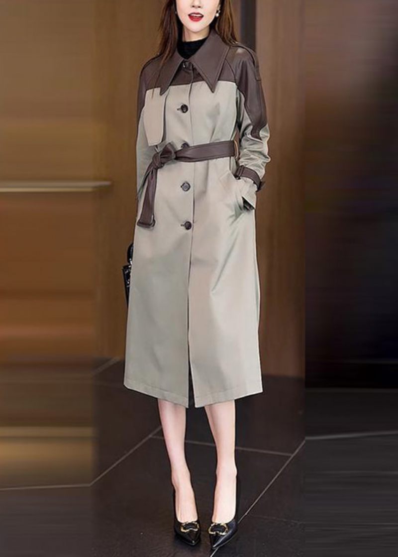 Vogue Khaki Peter Pan Kragefickor Patchwork Button Sashes Trench Coat Spring - Kaki