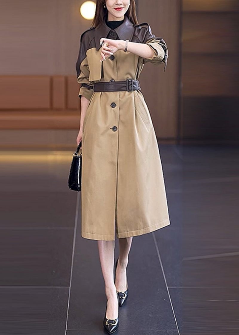 Vogue Khaki Peter Pan Kragefickor Patchwork Button Sashes Trench Coat Spring - Kaki