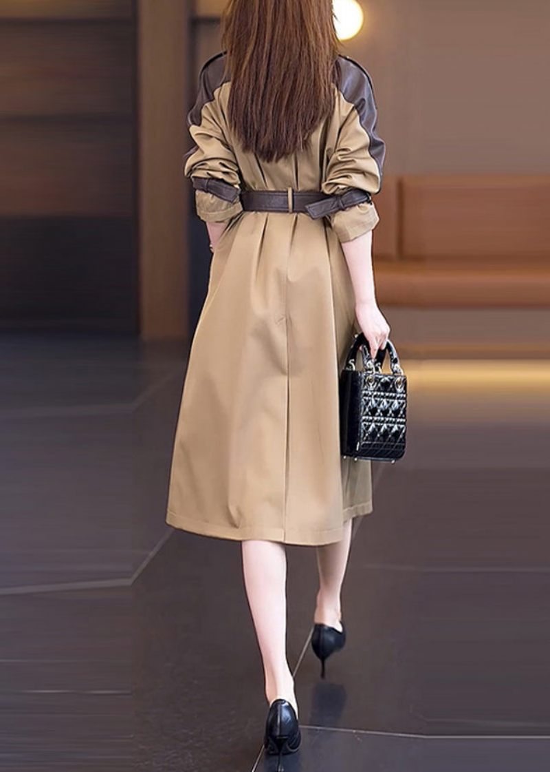 Vogue Khaki Peter Pan Kragefickor Patchwork Button Sashes Trench Coat Spring - Kaki