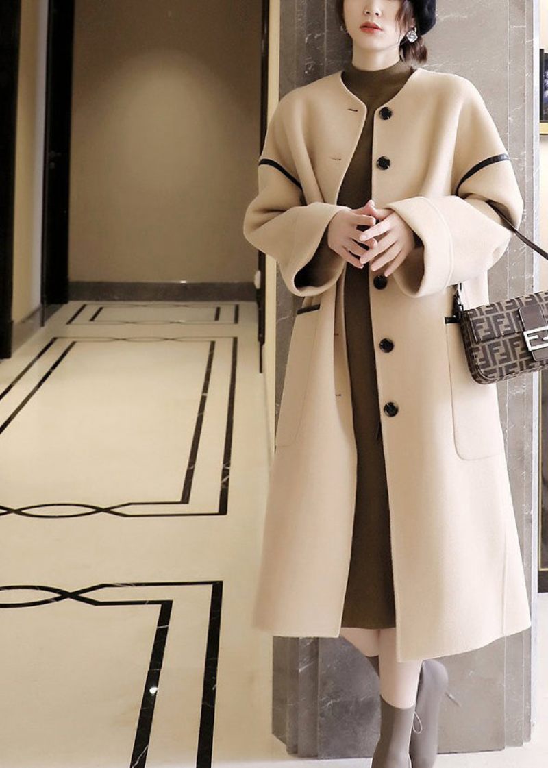 Vogue O-halsfickor Patchwork Button Woolen Trench Coats Långärmad - Trenchcoats för kvinnor