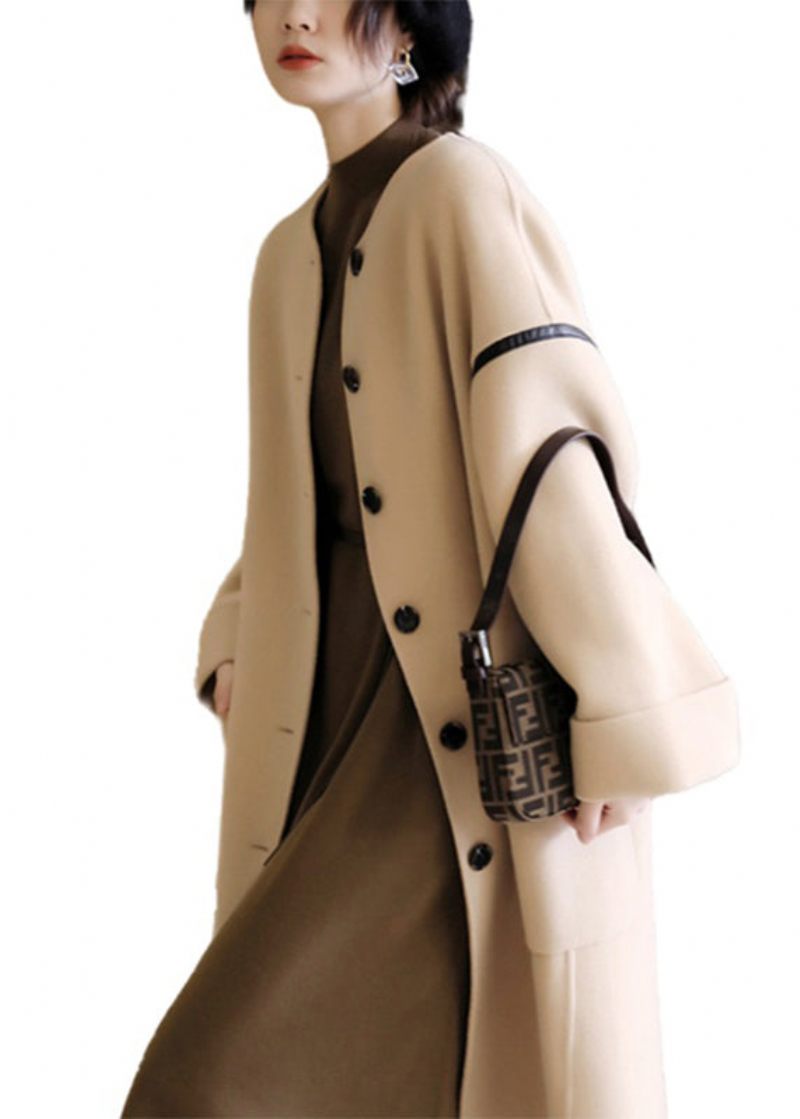 Vogue O-halsfickor Patchwork Button Woolen Trench Coats Långärmad - Trenchcoats för kvinnor