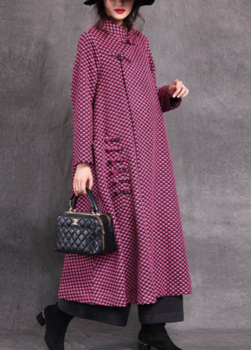 Vogue Rose Stativ Krage Asymmetrisk Rutig Knapp Ylle Maxi Coats Spring