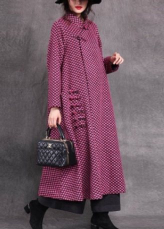 Vogue Rose Stativ Krage Asymmetrisk Rutig Knapp Ylle Maxi Coats Spring