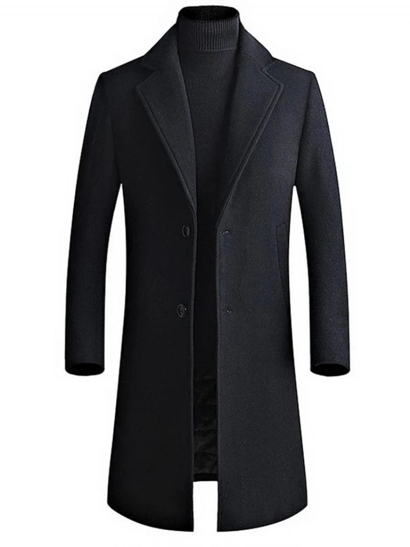 Winter Boutique Woolen Mens Lång Kappa Varm Tjock Formell Business Solid Man Coat Jacka - Svart