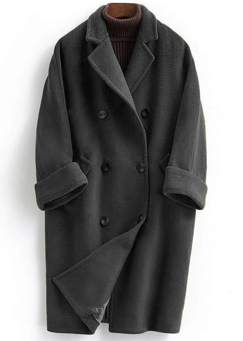 Woolen Coat Trendig Plus Size Lång Dubbelbröst Kvinnor Vinröd Kappa Naggad - Ullrockar för kvinnor