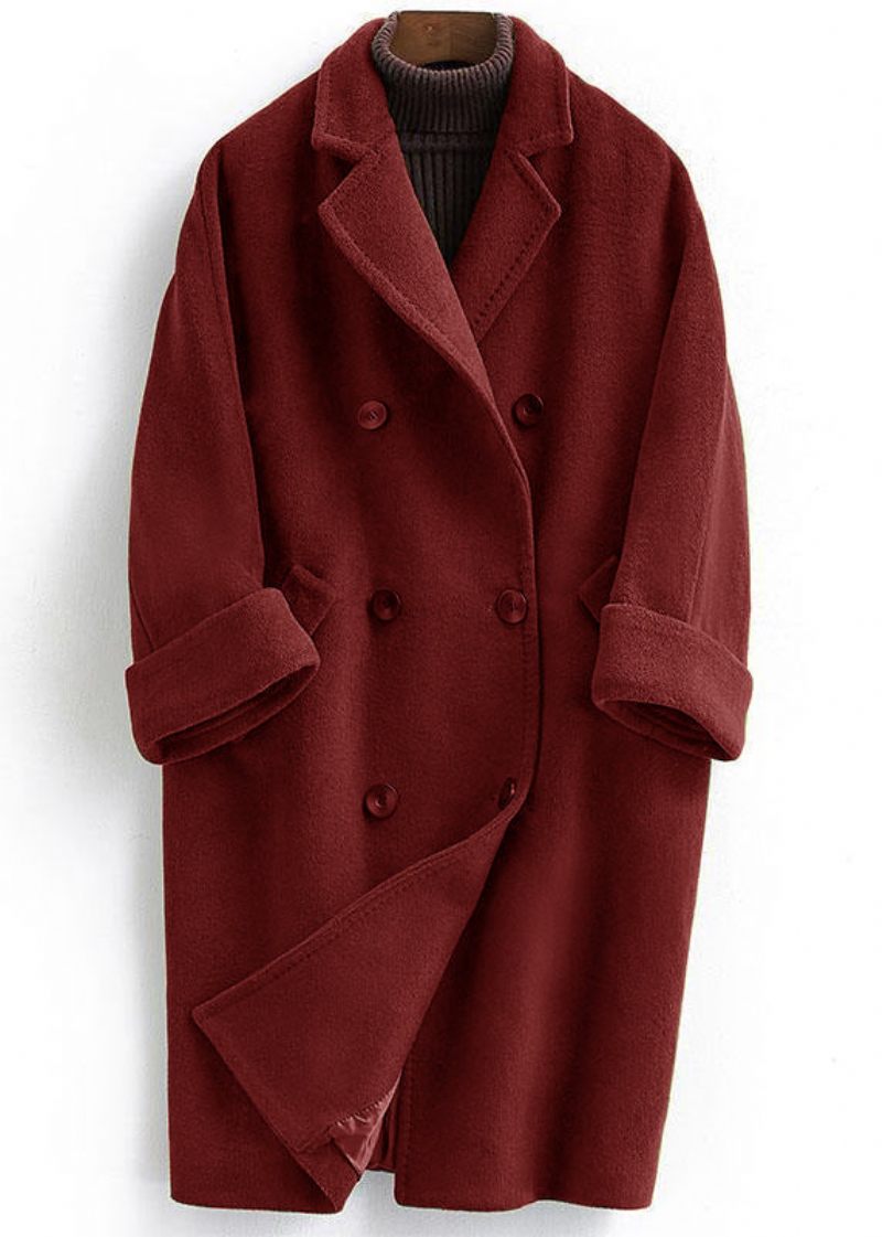 Woolen Coat Trendig Plus Size Lång Dubbelbröst Kvinnor Vinröd Kappa Naggad