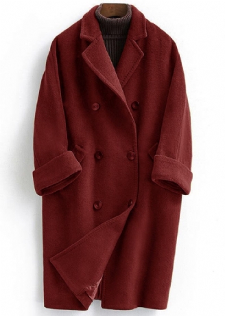 Woolen Coat Trendig Plus Size Lång Dubbelbröst Kvinnor Vinröd Kappa Naggad